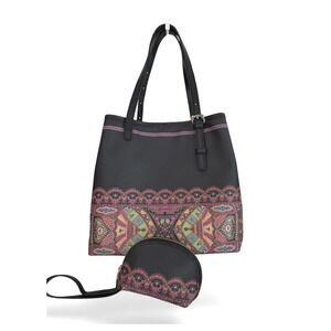 Etro Milano Paisley Print Coated Canvas Tote Bag Black + Wristlet Leather Trim